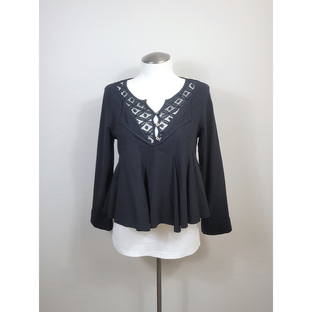 Free-Est Free People Swing Top Womens Large Black Lace V-Neck Long Sleeve